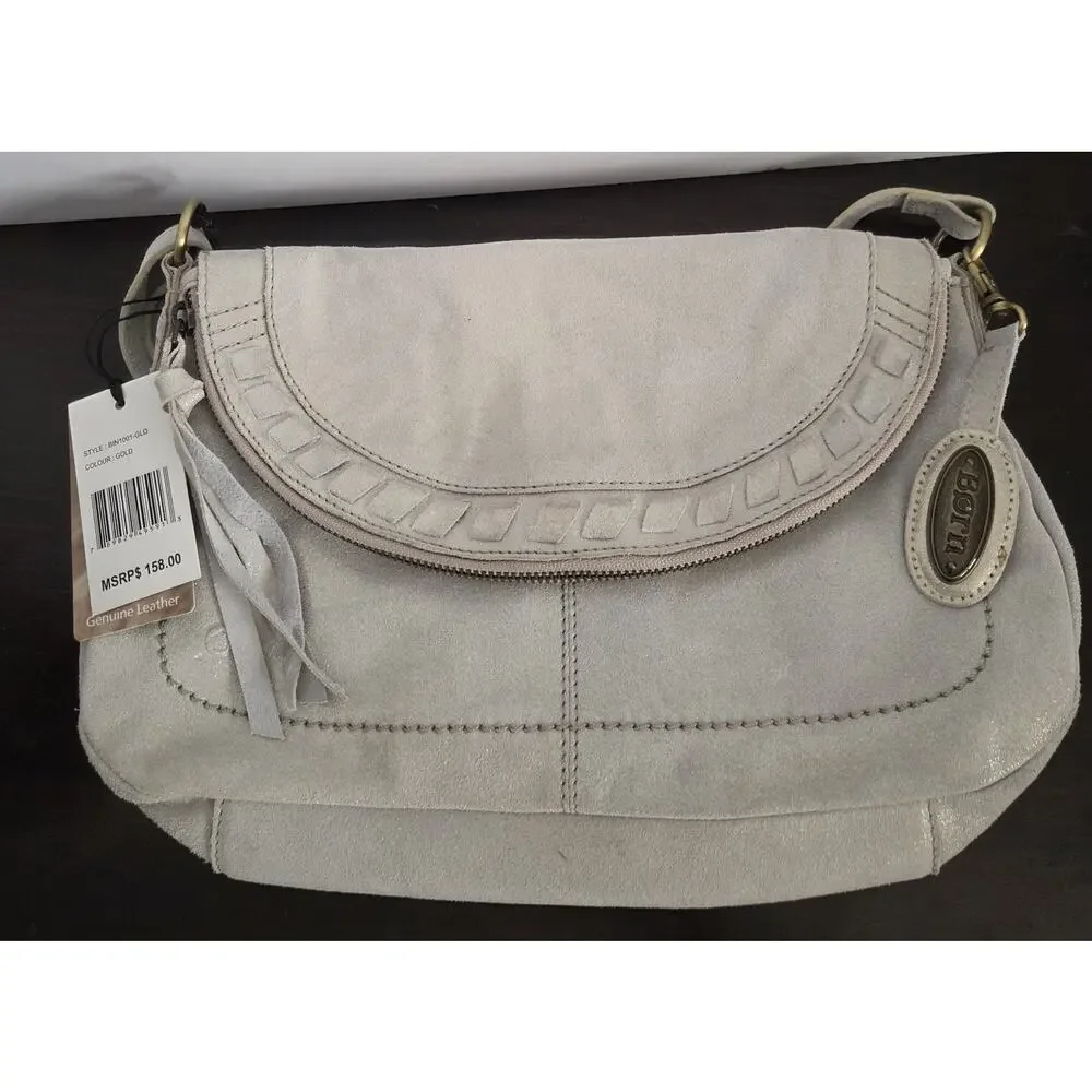 New Born Stonefield Leather Crossbody Bag Purse Winter White Gold Sheen